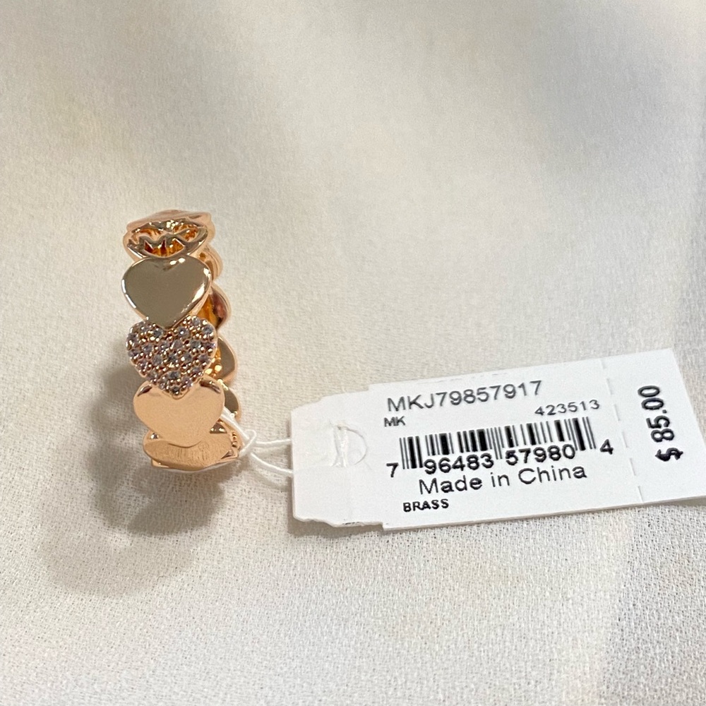 Michael Kors Rose Gold Plated Over Brass Heart, Crystal & Logo Ring Size 7 NWT